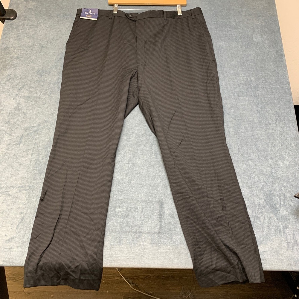 Stafford Dress Pants Mens 46x32 Black Pinstripe Flat Front Pockets Formal Office